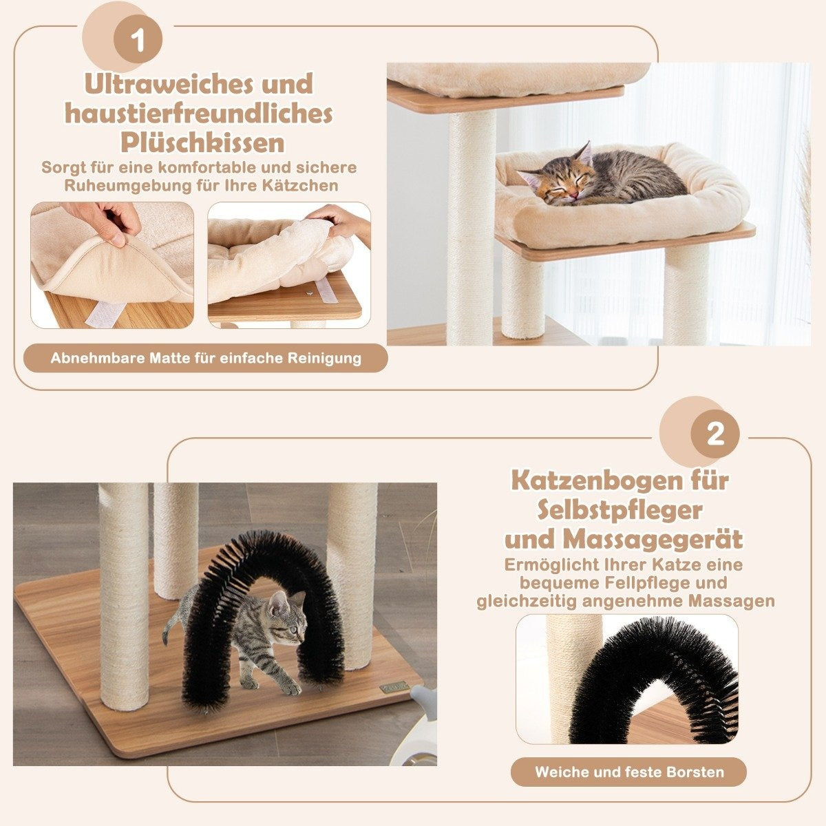 Un árbol para gatos con un gato durmiendo encima, un rascador y un arco de aseo para gatos. Texto en alemán describe los productos.