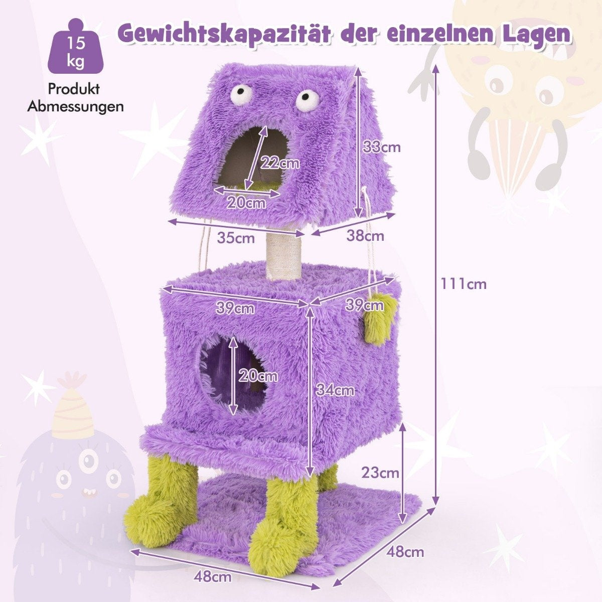Un rascador para gatos morado con dimensiones etiquetadas. Cuenta con dos niveles, un poste para rascar y patas verdes.