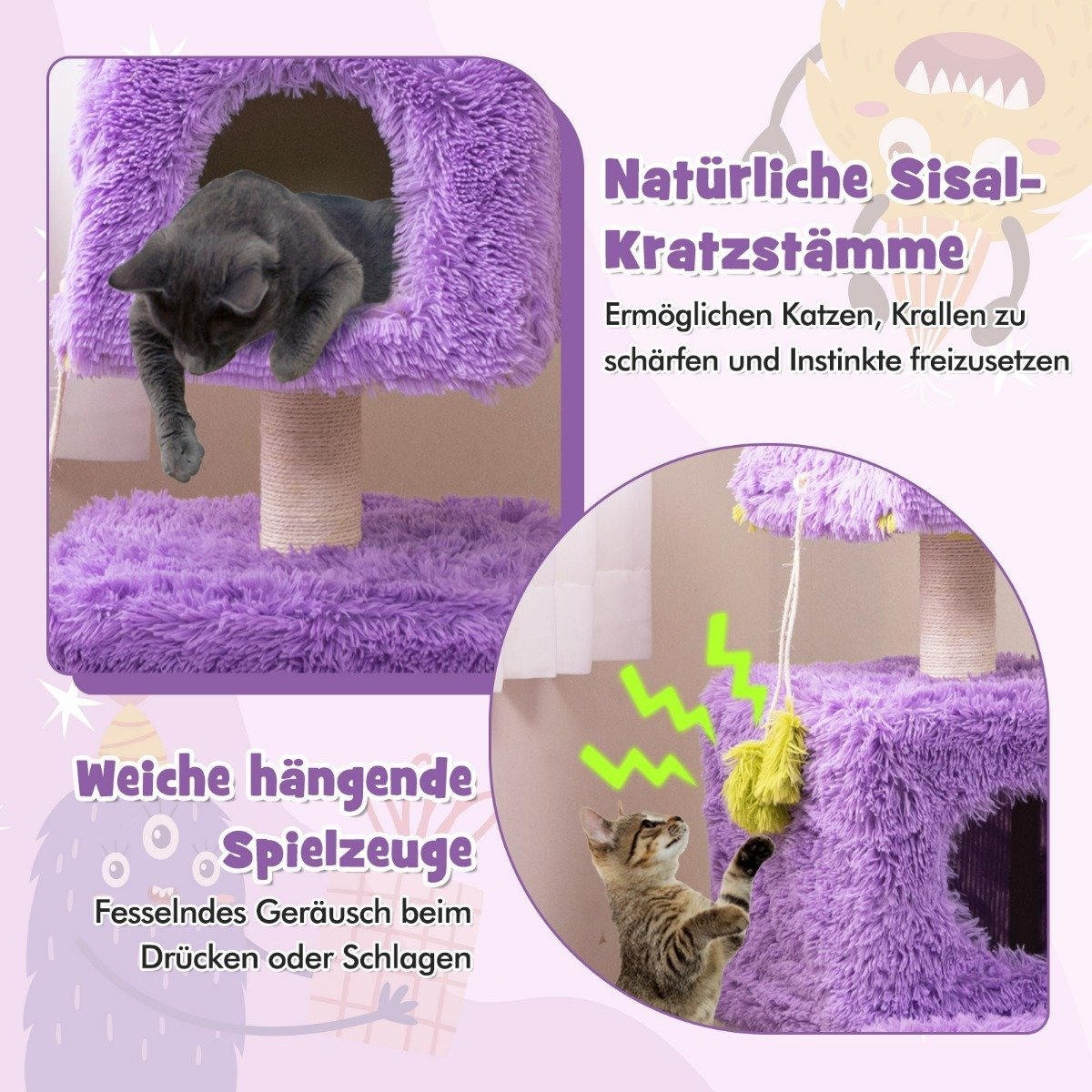 Un árbol para gatos morado con dos gatos. Uno está arriba, el otro juega con un juguete. También hay texto en alemán.