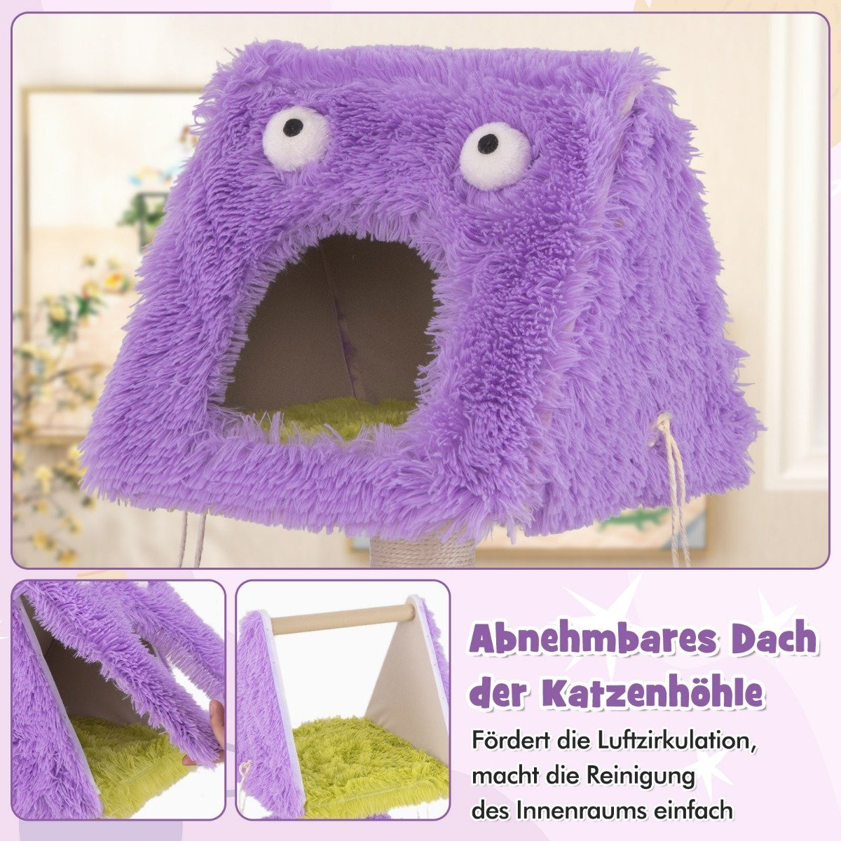 Una casa para gatos morada con forma de monstruo y una abertura redonda. Tiene dos ojos blancos. Abajo hay dos primeros planos.