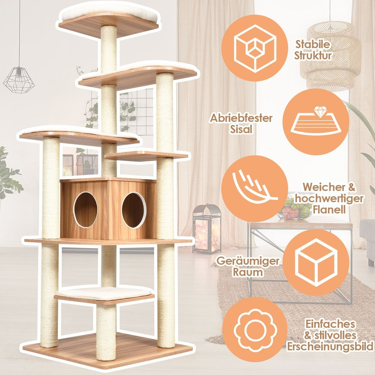 Un árbol para gatos de varios niveles con plataformas, un escondite y postes rascadores. Construcción de madera marrón con detalles beige, en salón.