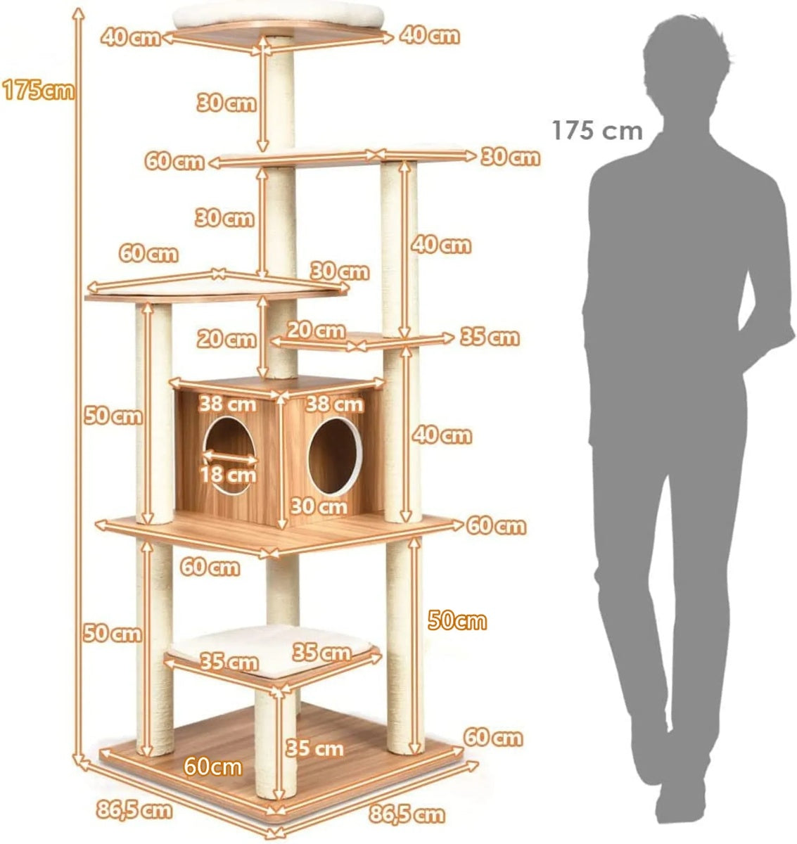 Un árbol para gatos con múltiples niveles, una casa para gatos y la silueta de una persona. Las medidas están etiquetadas. Colores beige, marrón y blanco.