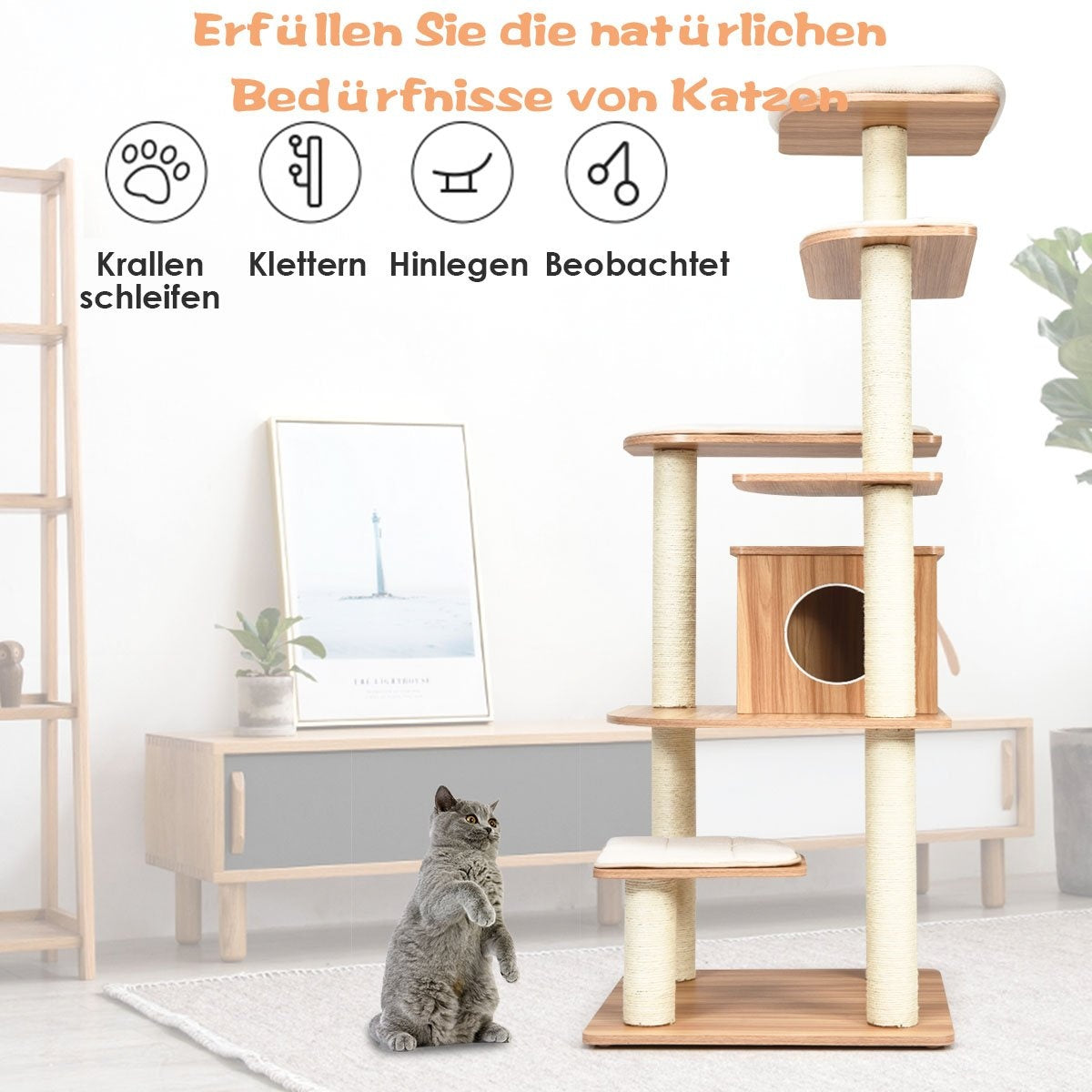Un gato gris está cerca de un árbol para gatos. El árbol tiene plataformas y postes para rascarse. Texto en alemán dice 'Satisface las necesidades naturales de los gatos'.