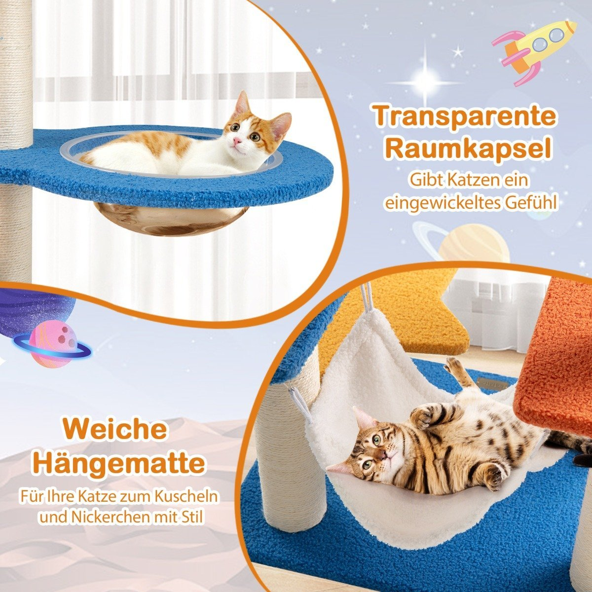 Un árbol para gatos con dos gatos. Un gato está en una cama azul y el otro en una hamaca blanca.