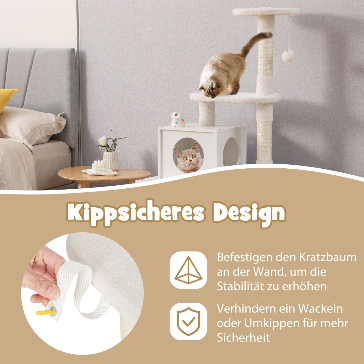 Un gato en un rascador blanco. Otro gato en un cubículo. El texto dice 'Kippsicheres Design' con iconos de seguridad.
