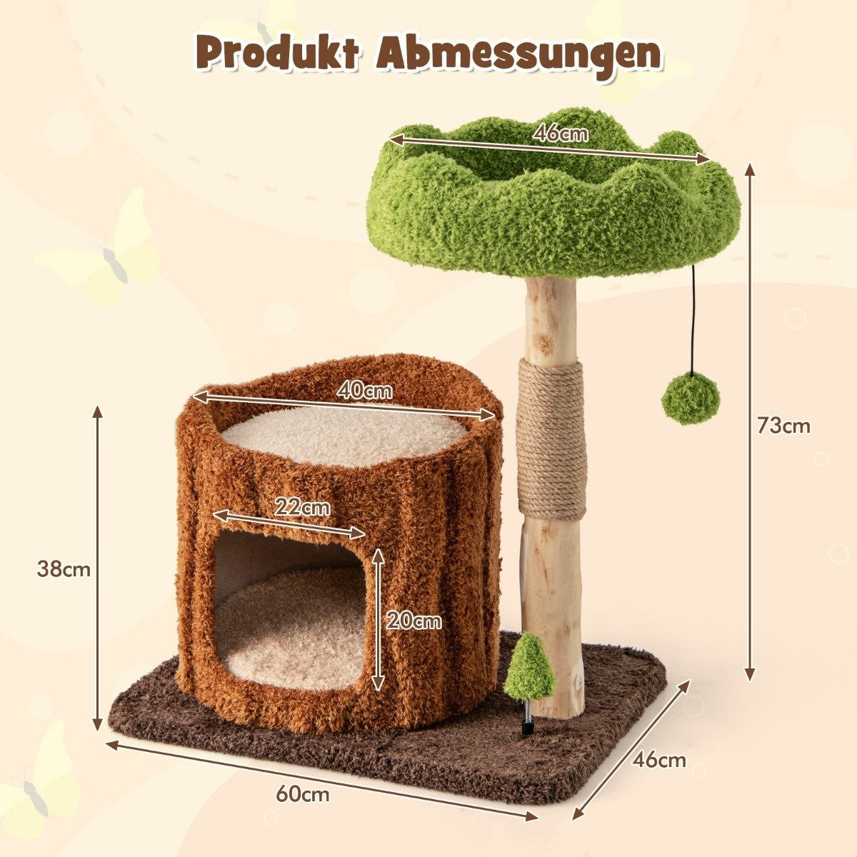 Árbol para gatos con base marrón, cama en forma de tronco, parte superior verde y etiquetas de dimensiones.