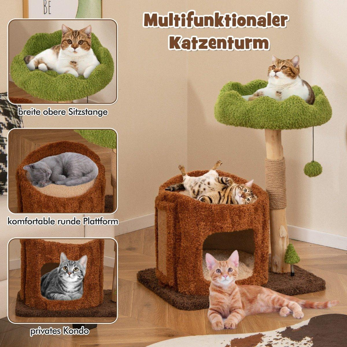 Un árbol para gatos con múltiples niveles, con gatos descansando en plataformas y dentro de un condominio. El árbol es marrón y verde.