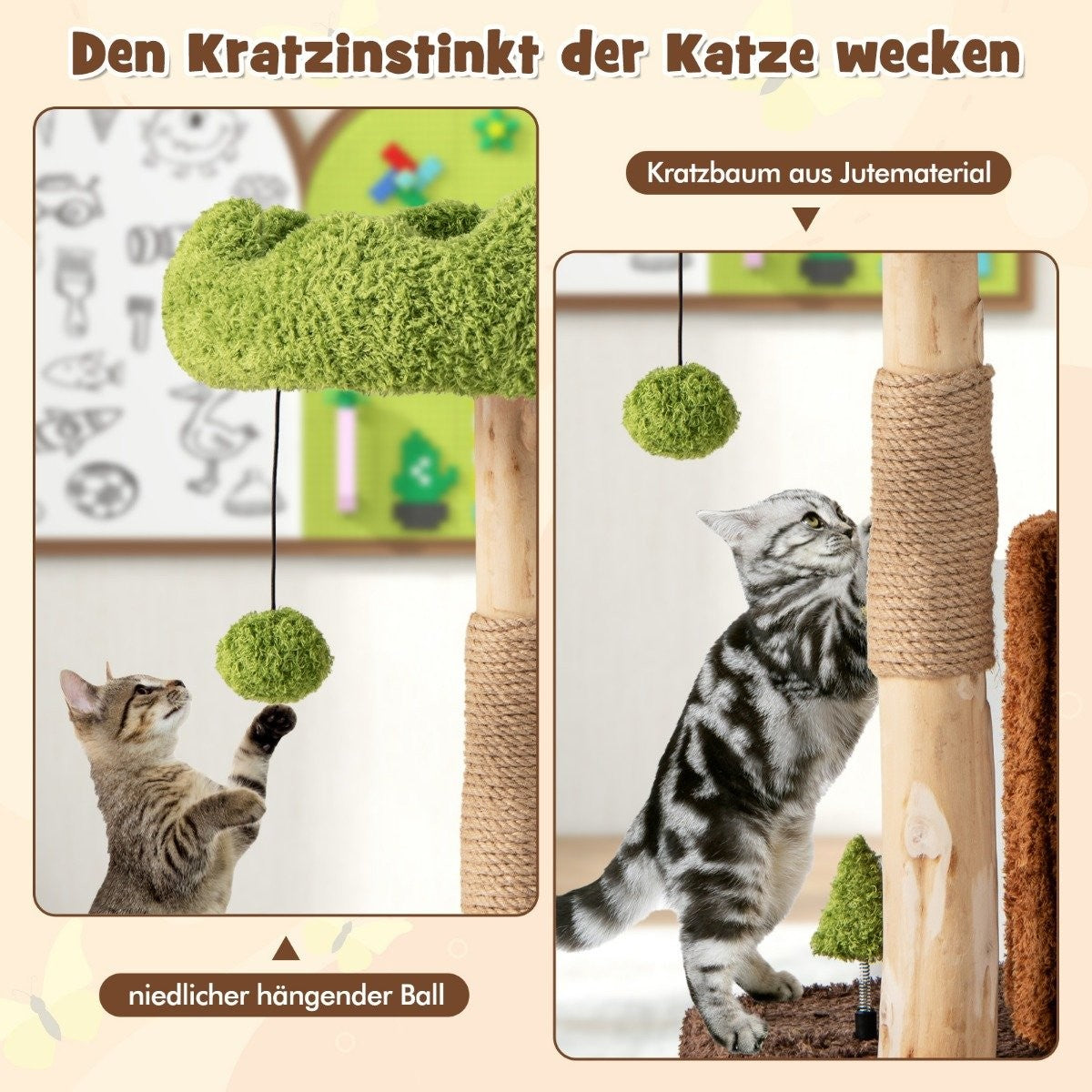 Dos gatos jugando con un árbol para gatos. Uno toca una bola colgante, el otro rasca el árbol. Colores verde y marrón.