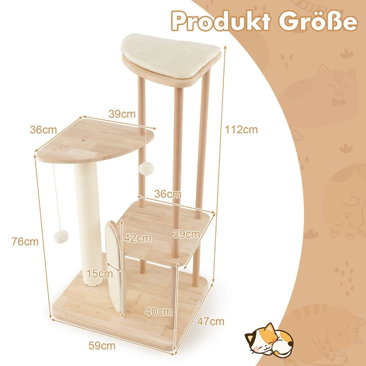 Árbol para gatos con plataformas y postes para rascar. Incluye dimensiones. Colores beige y madera clara, con un gato durmiendo.
