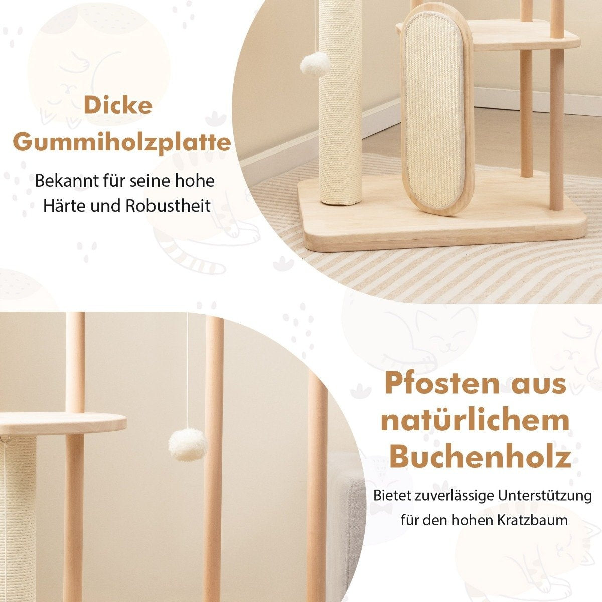 Un árbol para gatos con postes de madera, tabla para rascar y plataforma. Texto en alemán describe los materiales.