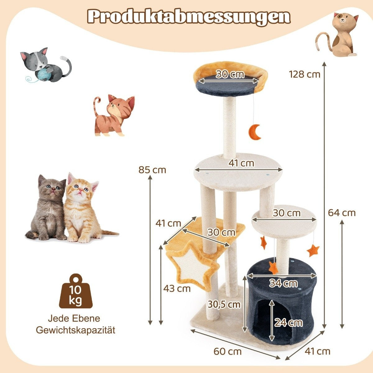 Árbol para gatos con medidas, dibujos de gatitos y un icono de capacidad de peso. Las dimensiones también se muestran en la imagen.