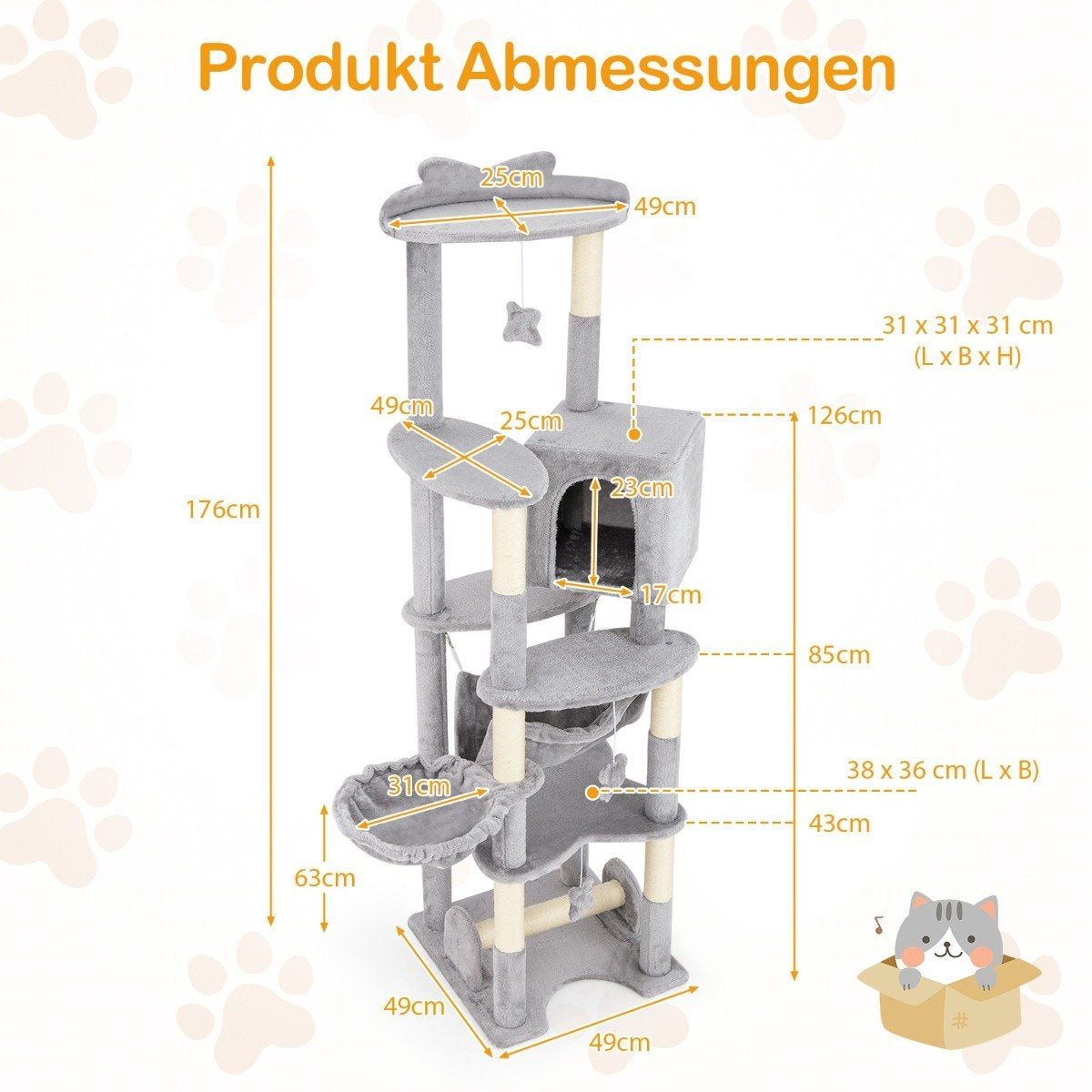 Un árbol para gatos gris con múltiples niveles y dimensiones etiquetadas en cm. Incluye una ilustración de gato en una caja.