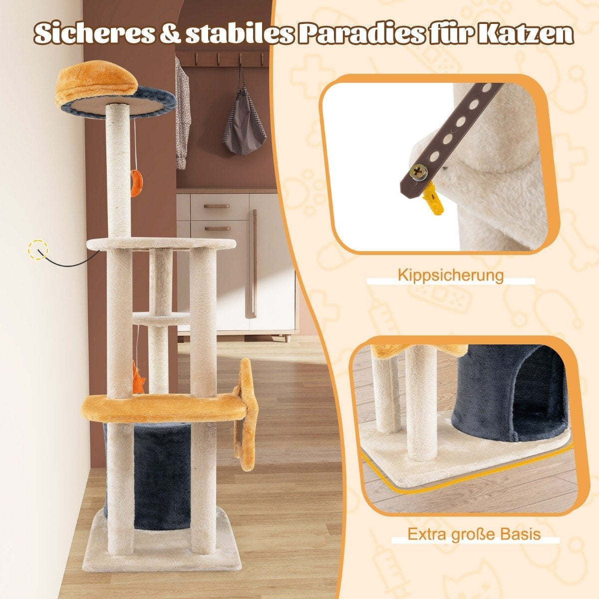 Árbol para gatos con múltiples niveles, postes beige, plataformas azules y amarillas, una pequeña cueva y juguetes colgantes.