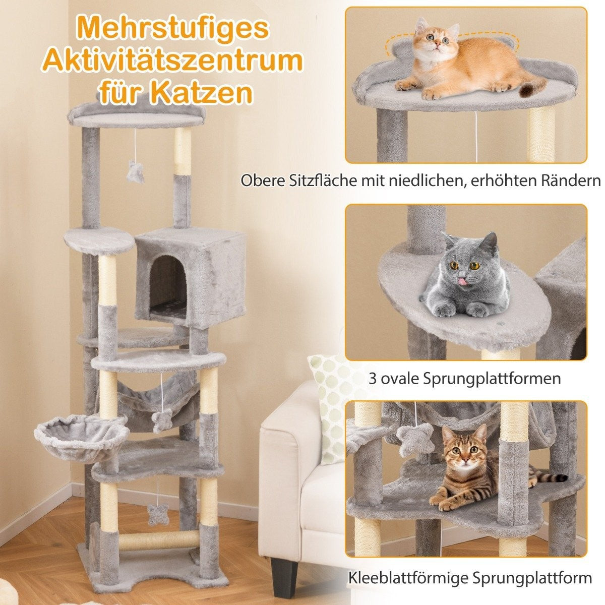 Un árbol para gatos de varios niveles con plataformas, una casa y postes para rascar. Se muestran tres gatos en diferentes niveles.