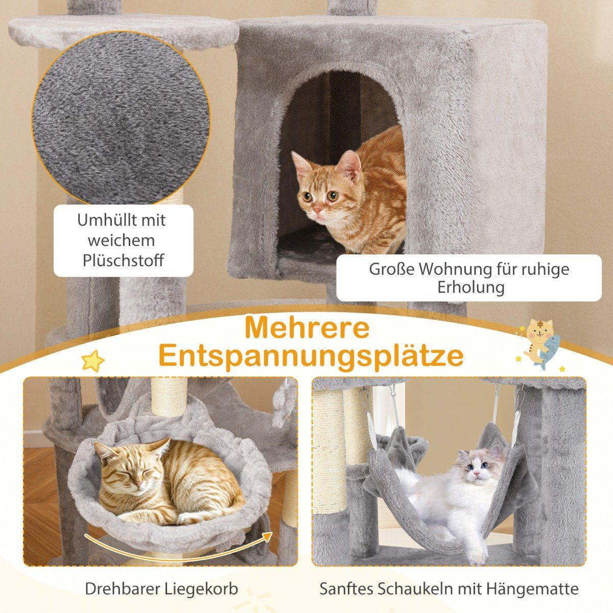 Un árbol para gatos con múltiples niveles, camas para gatos y una hamaca. Dos gatos descansan en el árbol.