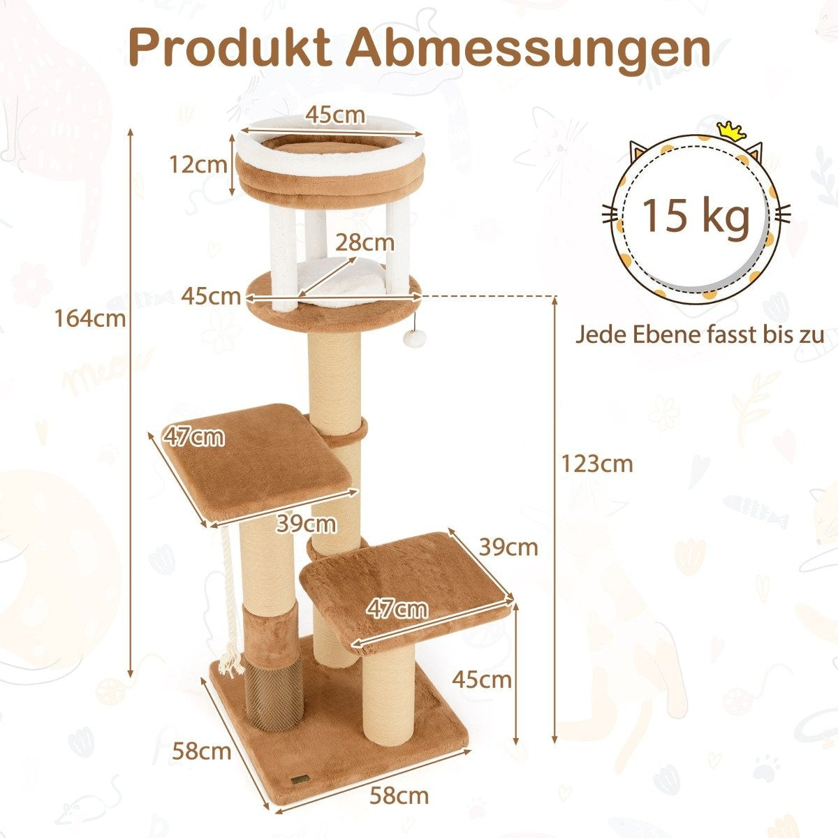 Un árbol para gatos con múltiples plataformas y postes rascadores. Se indican dimensiones y peso. Dominan los colores beige y marrón.