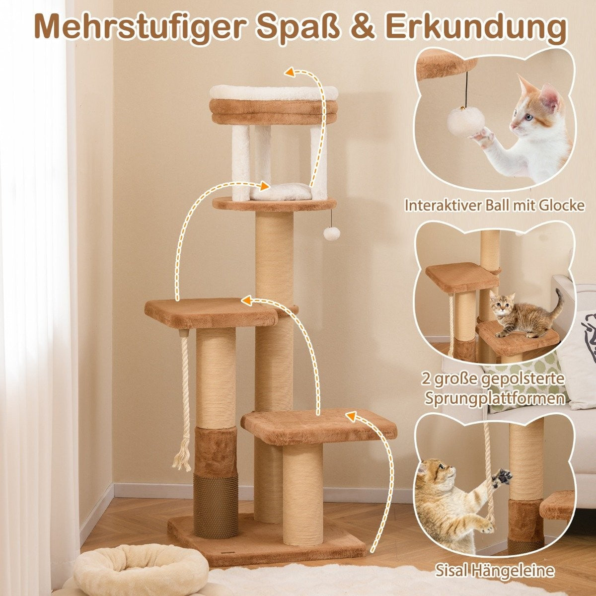 Un árbol para gatos de varios niveles con plataformas, postes rascadores y juguetes colgantes. Los gatos interactúan.