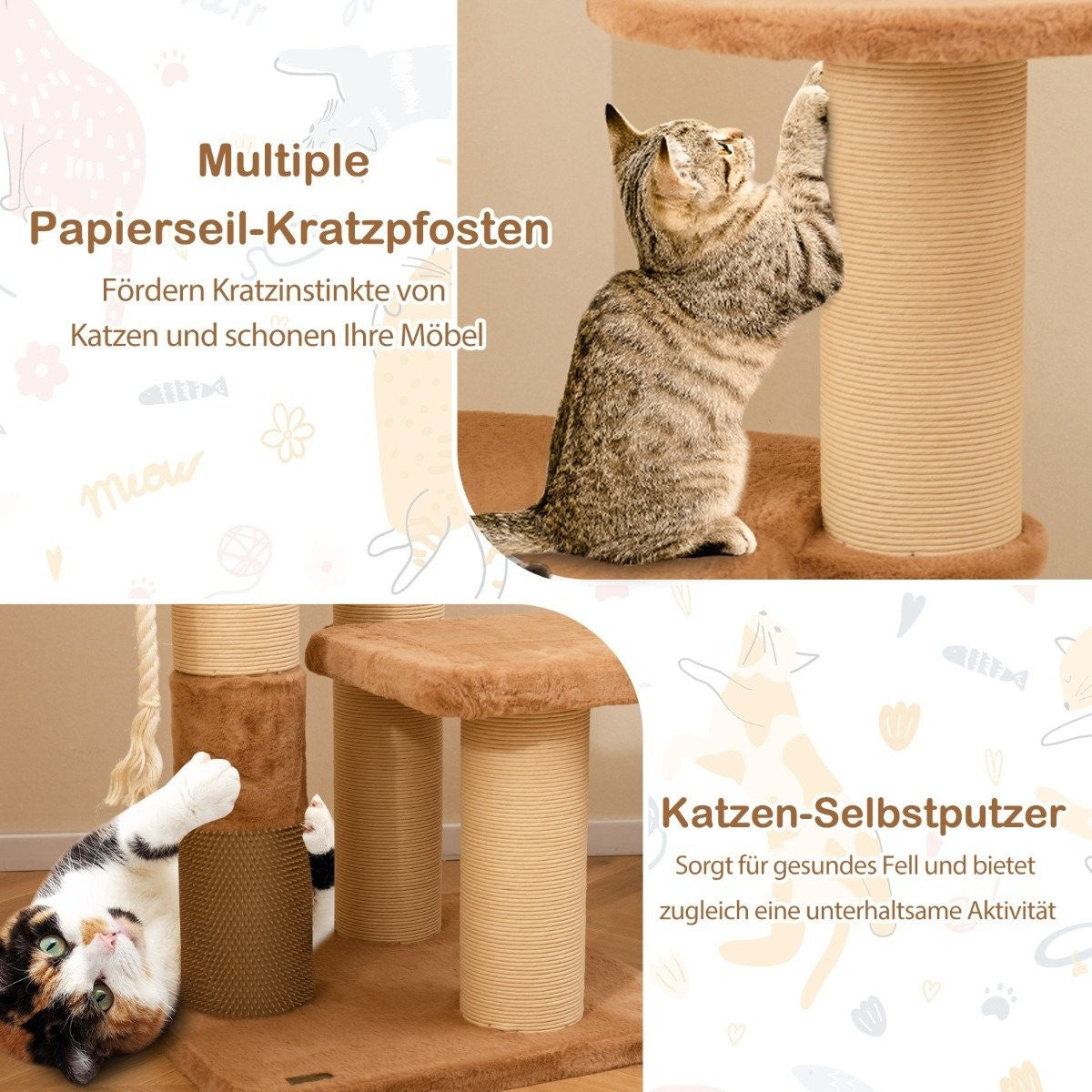 Un gato araña un rascador. El árbol es beige y marrón. Otro gato está acostado. El texto dice 'Multiple Papierseil-Kratzpfosten'.