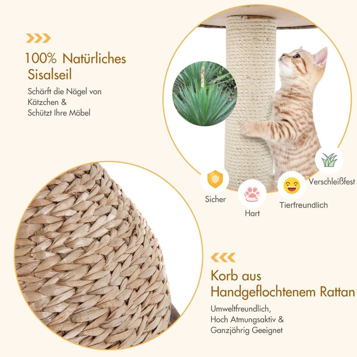 Un rascador con un gato. El poste es de cuerda de sisal. El texto en alemán describe el producto y sus características.