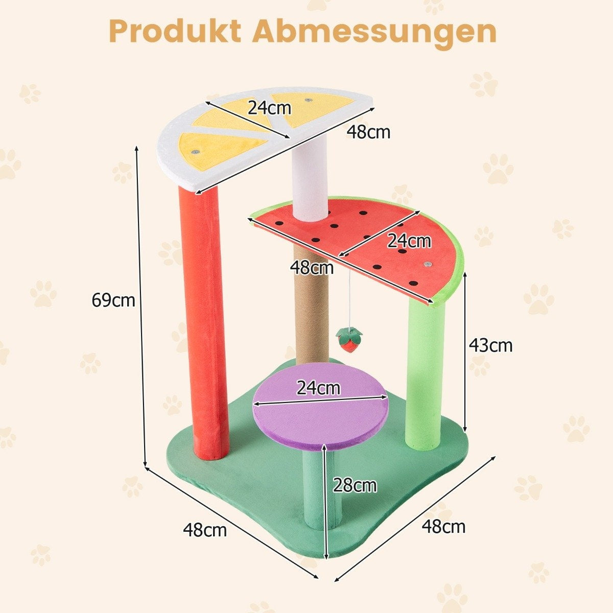 Un árbol para gatos con tres niveles, con forma de rodajas de fruta: limón, sandía y uva. Se indican las medidas.
