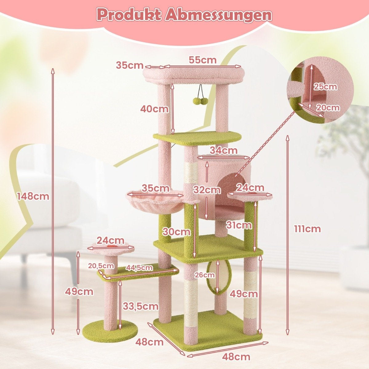 Un árbol para gatos rosa y verde con medidas. Tiene plataformas, una cueva y una hamaca. Las medidas están en cm.