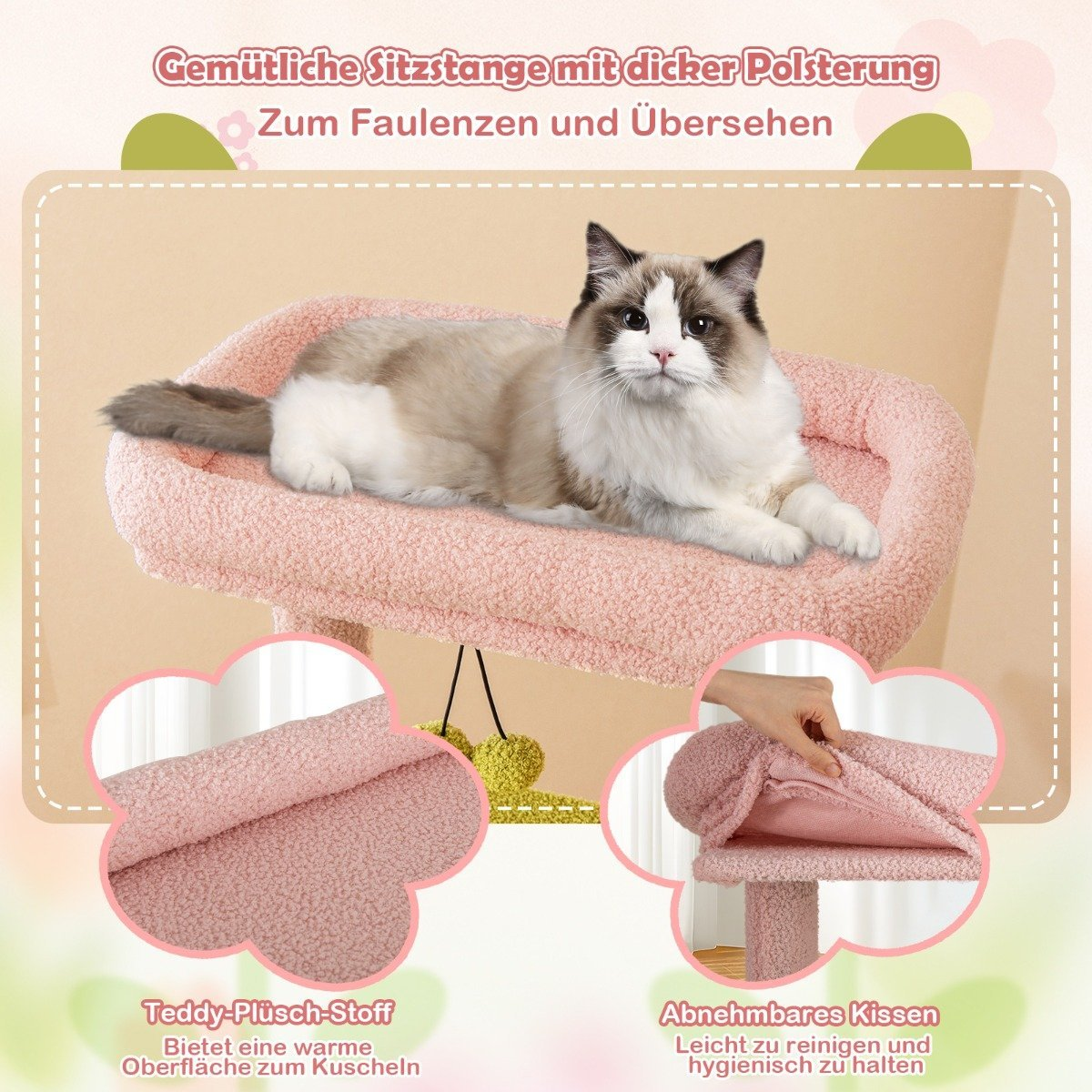 Un gato descansa en una cama rosa y afelpada para gatos. La cama tiene un cojín extraíble. El texto dice que es para descansar. Se muestran detalles de la tela.