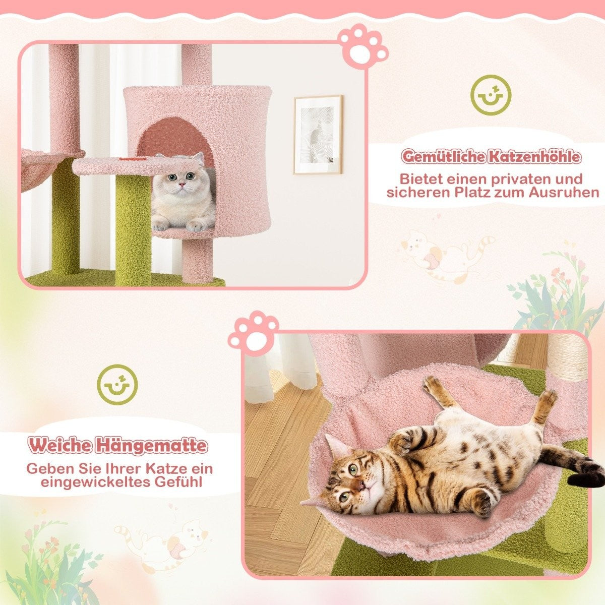 Un árbol para gatos con dos gatos. Uno está sentado, el otro tumbado en una cama rosa. El fondo muestra texto y un cuadro enmarcado.