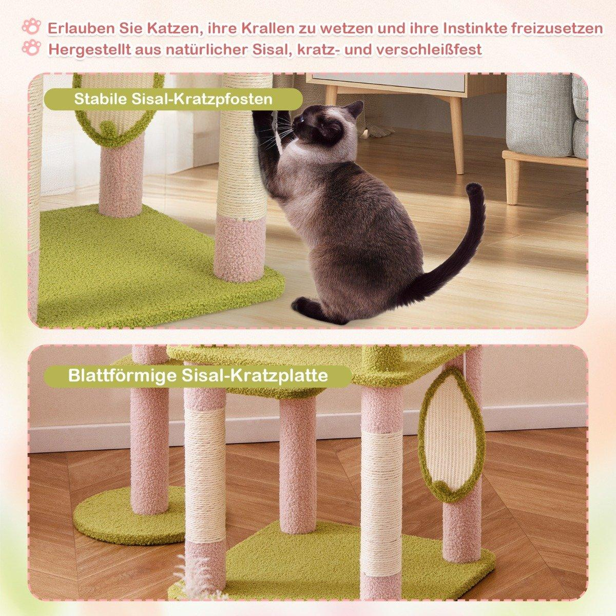 Un gato rascando un poste de sisal en un árbol para gatos. El árbol es verde y rosa, con un rascador de sisal en forma de hoja.