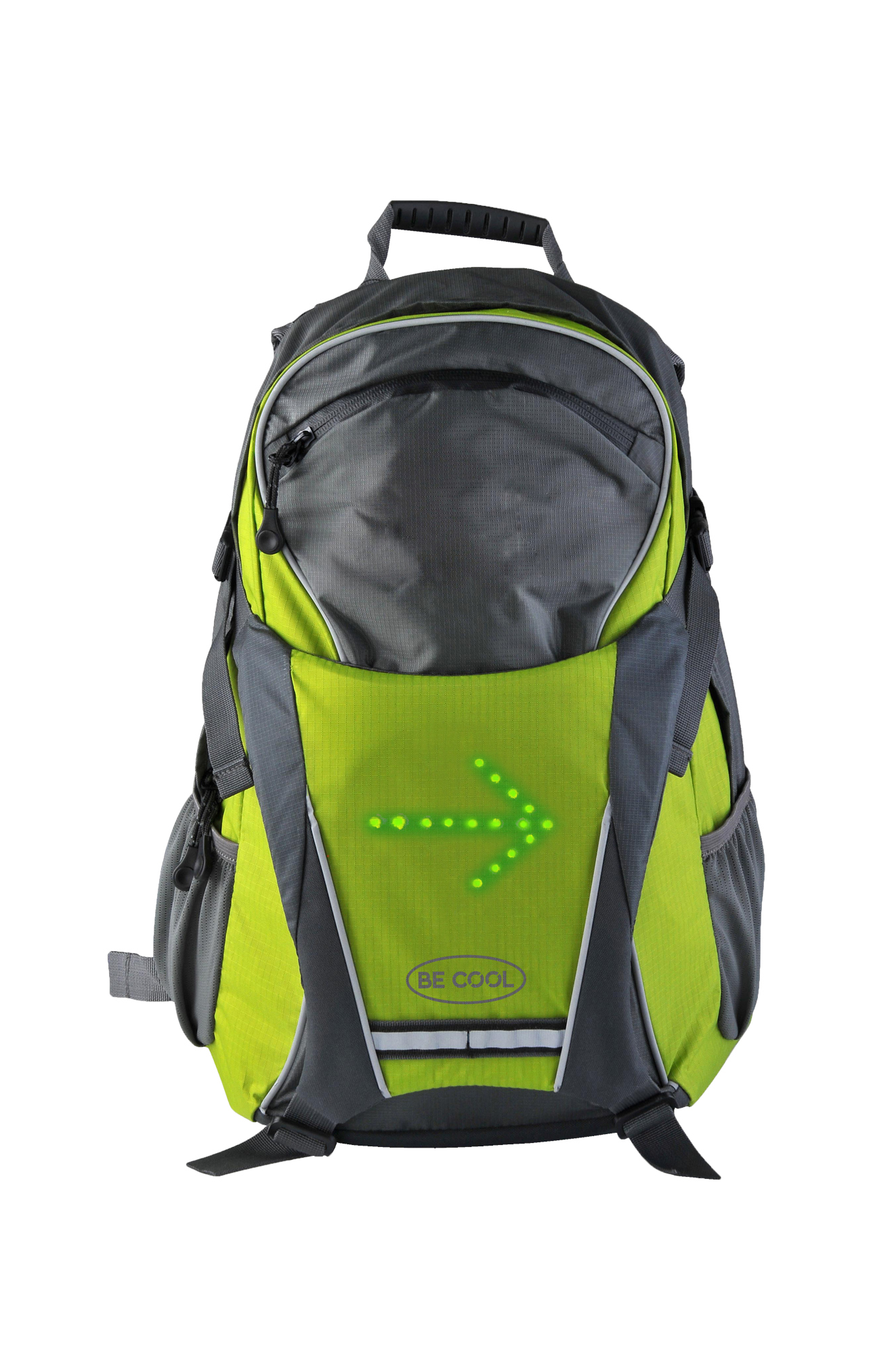 Ein grau-grüner Rucksack mit einem beleuchteten Pfeil. Er hat mehrere Fächer und den Text 'BE COOL'.