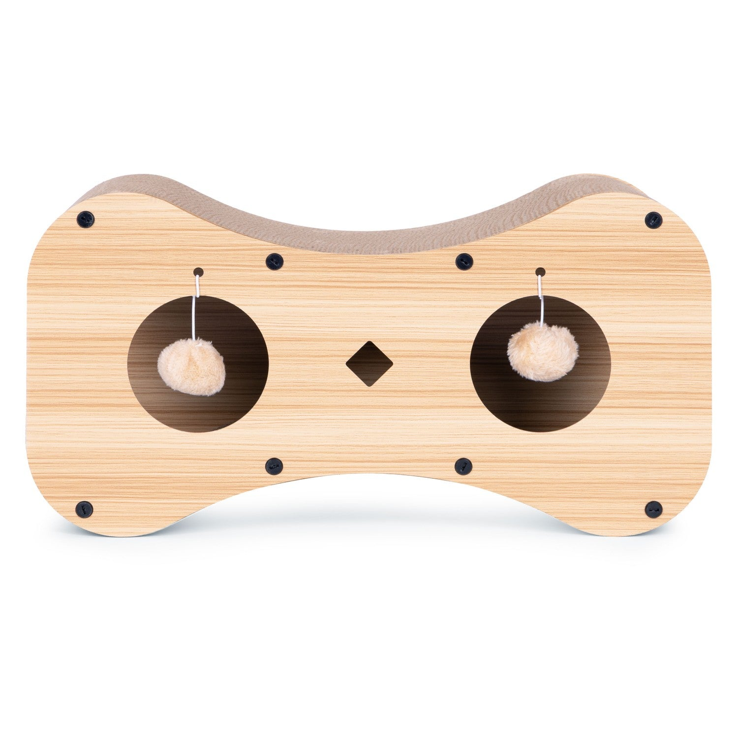 Un juguete para gatos con forma de pajarita. Tiene dos agujeros con bolas colgantes. El juguete es de madera marrón claro con tornillos más oscuros.