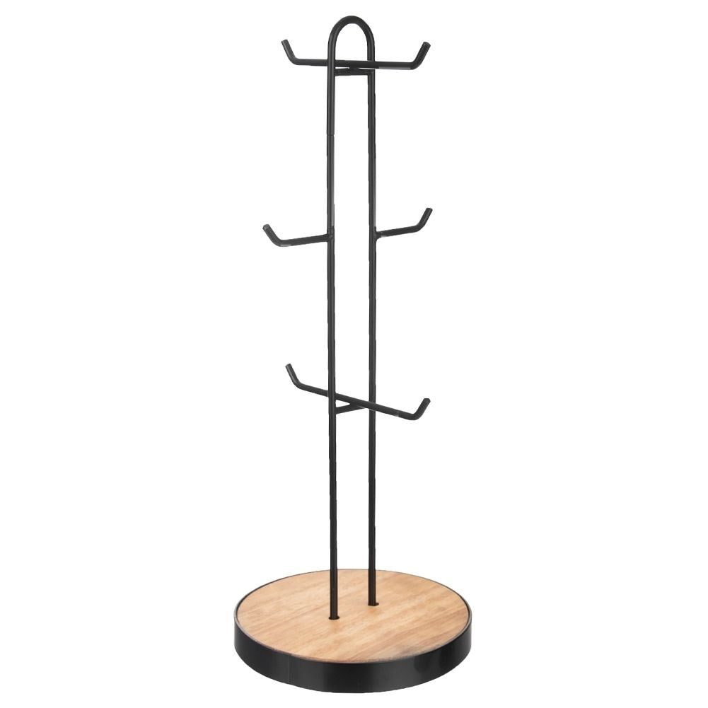 Un árbol de tazas de metal negro con cuatro brazos, una base circular de madera y un borde negro, sobre un fondo blanco.