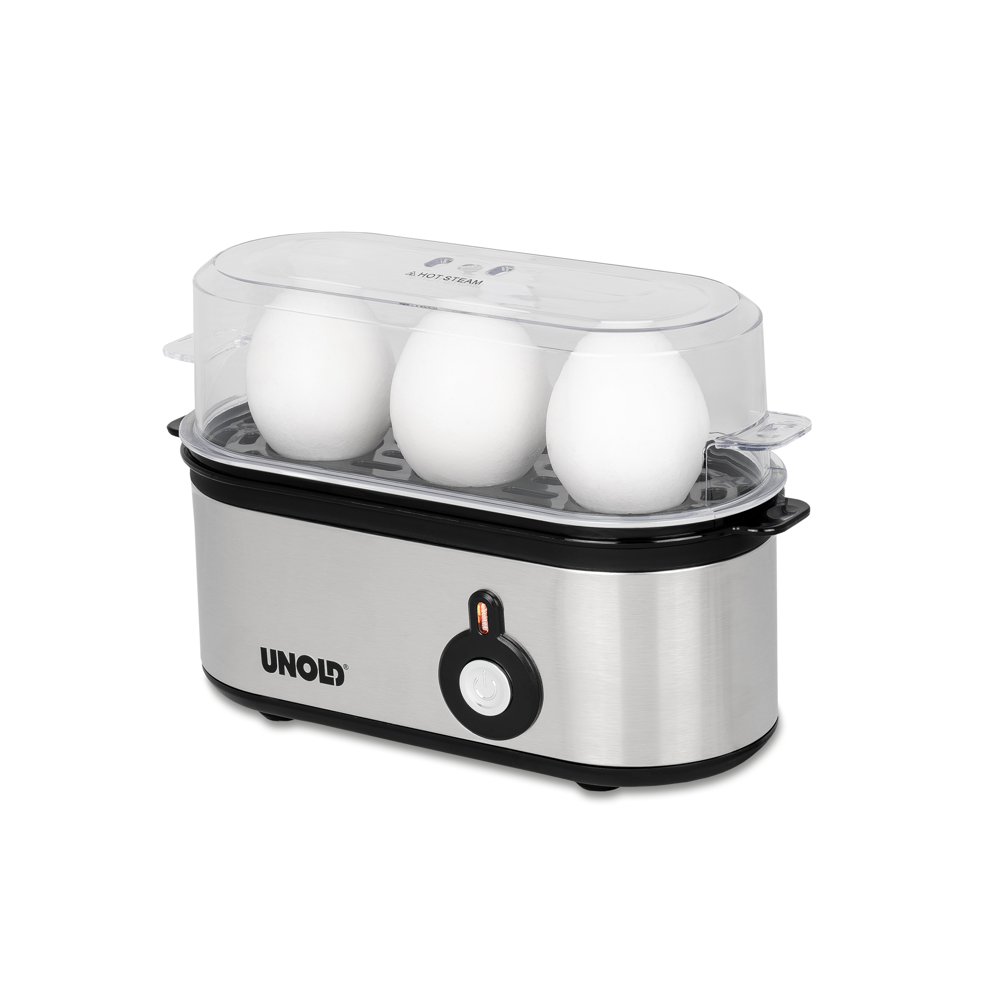 Ein Eierkocher mit 3 weißen Eiern. Es ist silberfarben mit einem durchsichtigen Deckel. Die Marke ist UNOLD.