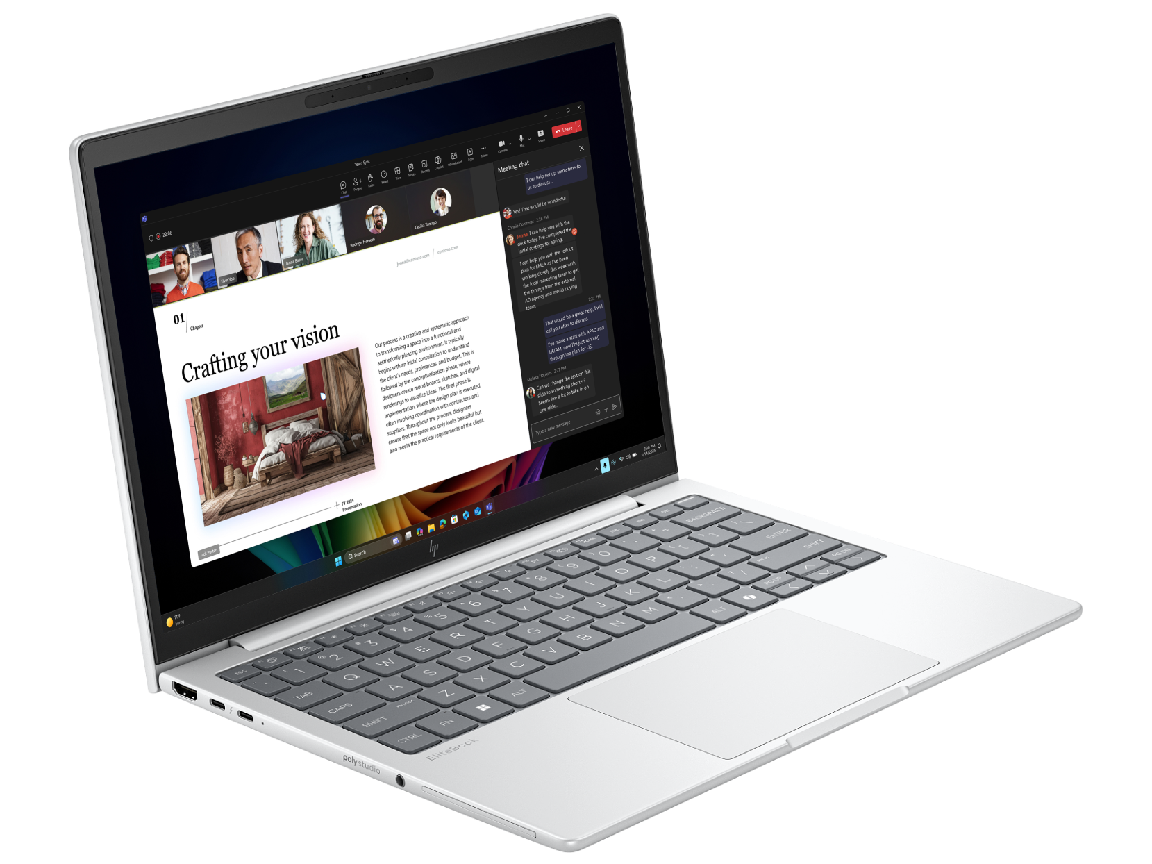 Un laptop mostra una presentazione sulla creazione di una visione, con una sovrapposizione di videochiamata.