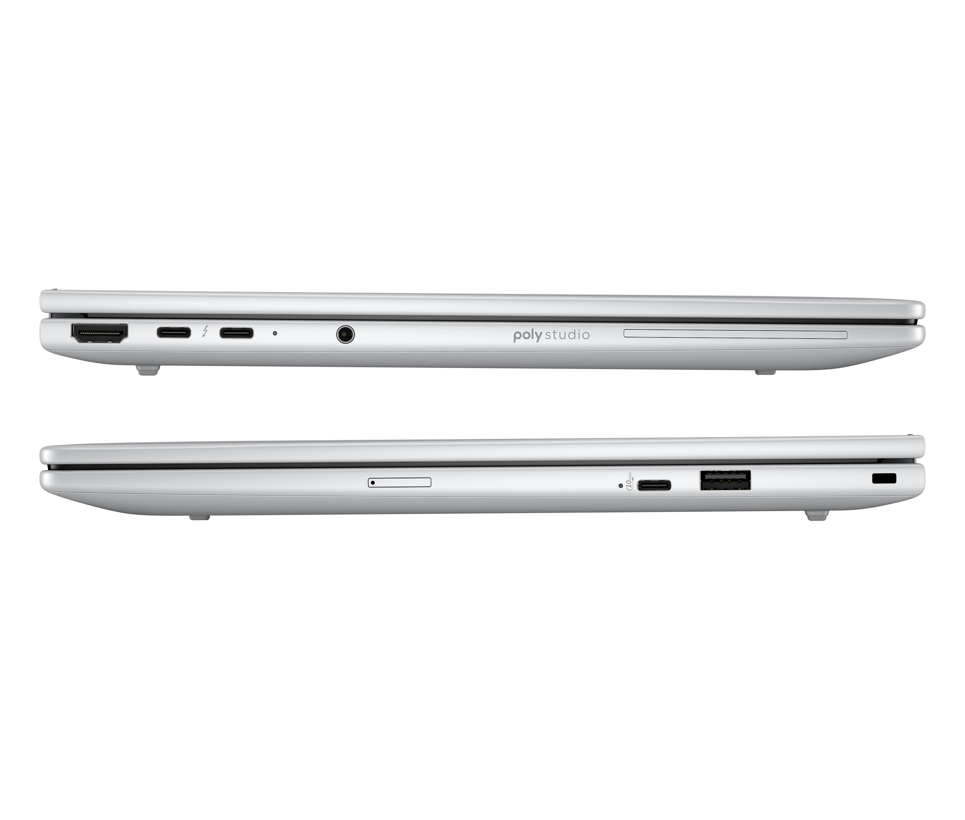 Un laptop argentato è mostrato di lato, rivelando le porte e il marchio 'poly studio'.
