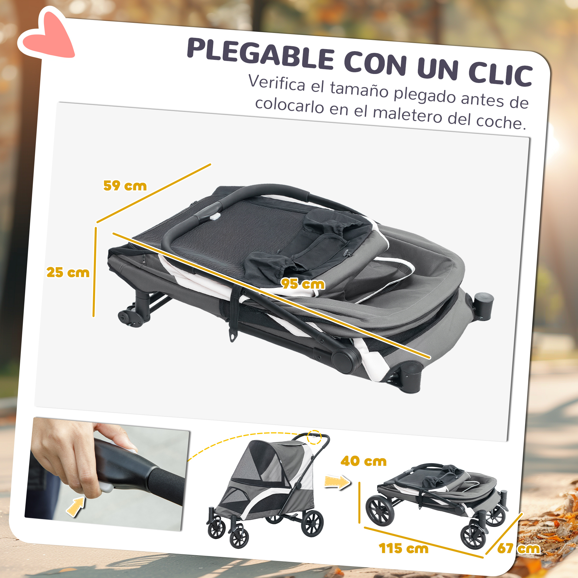 Cochecito plegable para mascotas que se muestra en diferentes etapas. Se indican las dimensiones. El cochecito está plegado y desplegado.