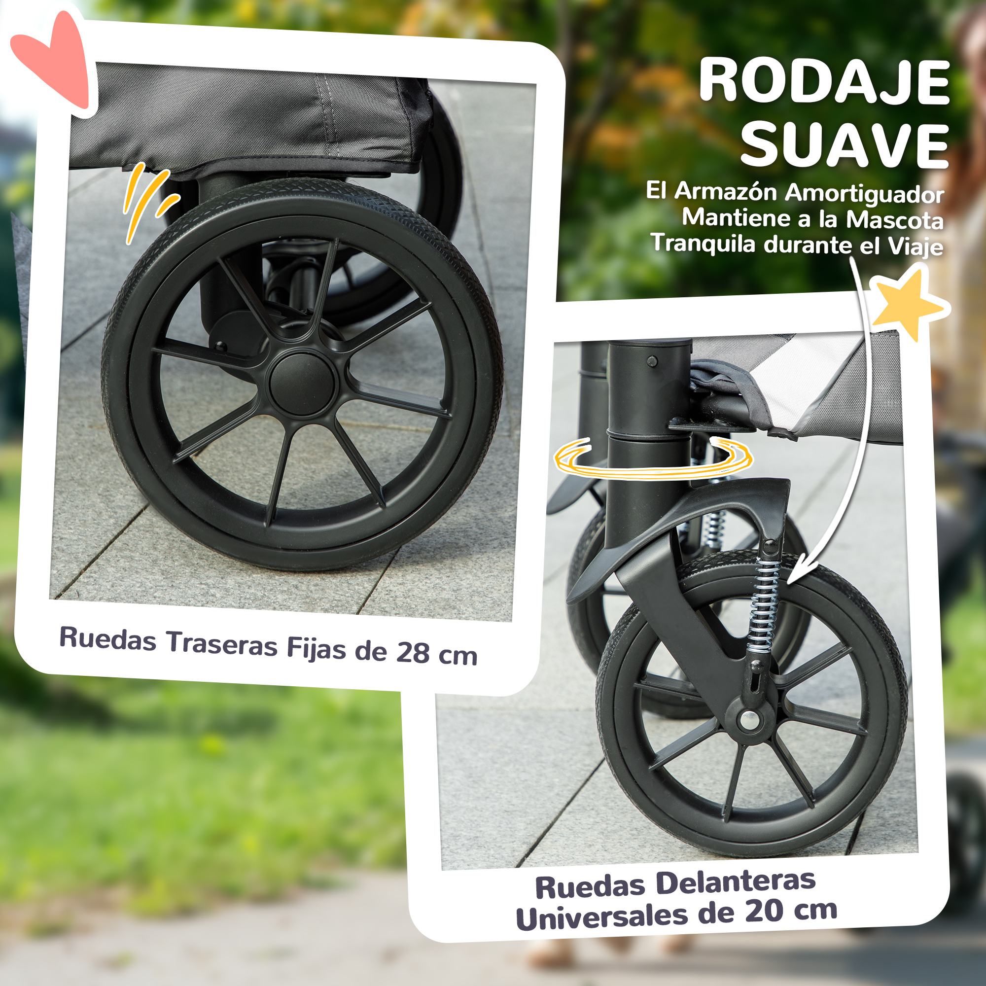 La imagen muestra un cochecito para mascotas con ruedas negras. Tiene ruedas traseras fijas de 28 cm y ruedas delanteras universales de 20 cm.