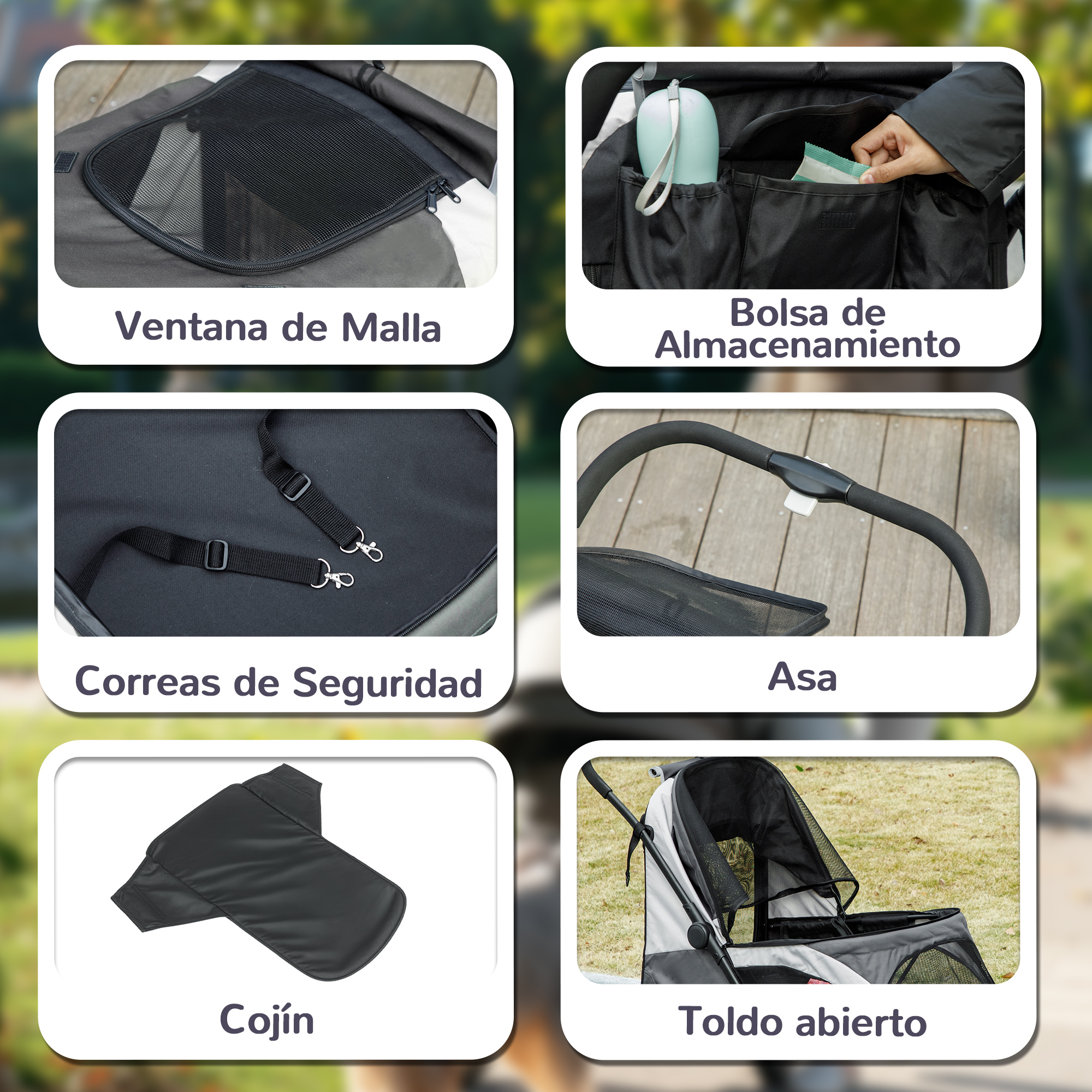 Primer plano de un cochecito para mascotas. Incluye ventana de malla, bolsa de almacenamiento, cinturones de seguridad, asa, cojín y capota abierta.
