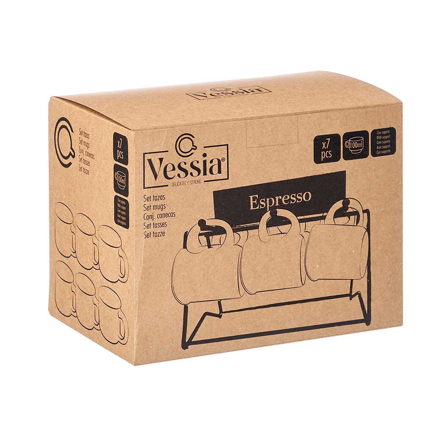 Scatola di cartone con un set di tazze da espresso. Il marchio è Vessia. Ci sono 7 tazze.