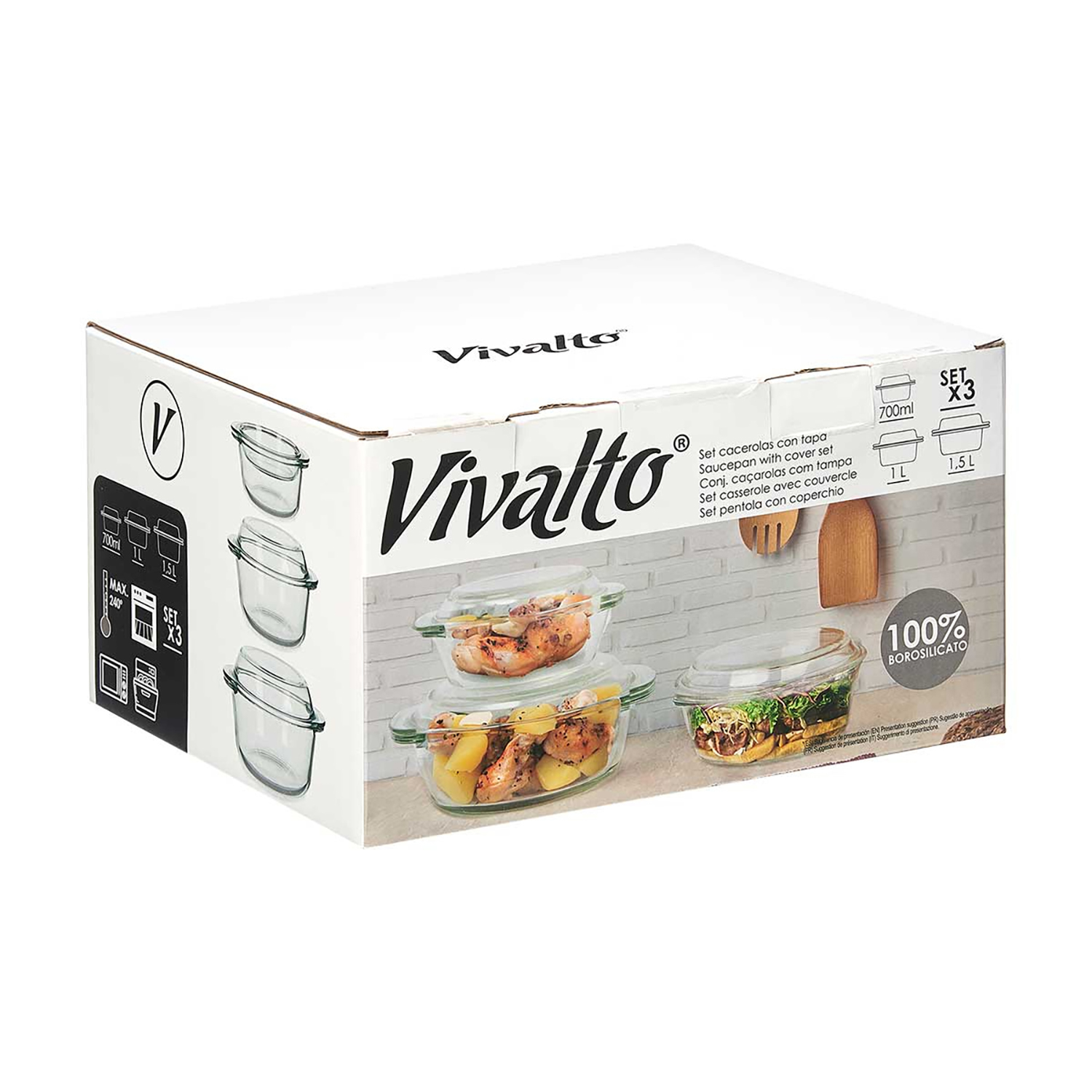 Scatola bianca con contenitori in vetro, alcuni pieni di cibo. Marchio 'Vivalto' visibile. Etichette indicano dimensioni e caratteristiche.