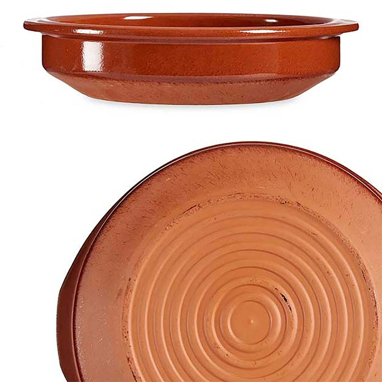 Due piatti in terracotta. Uno è visto di lato, l'altro dal basso, mostrando cerchi concentrici.