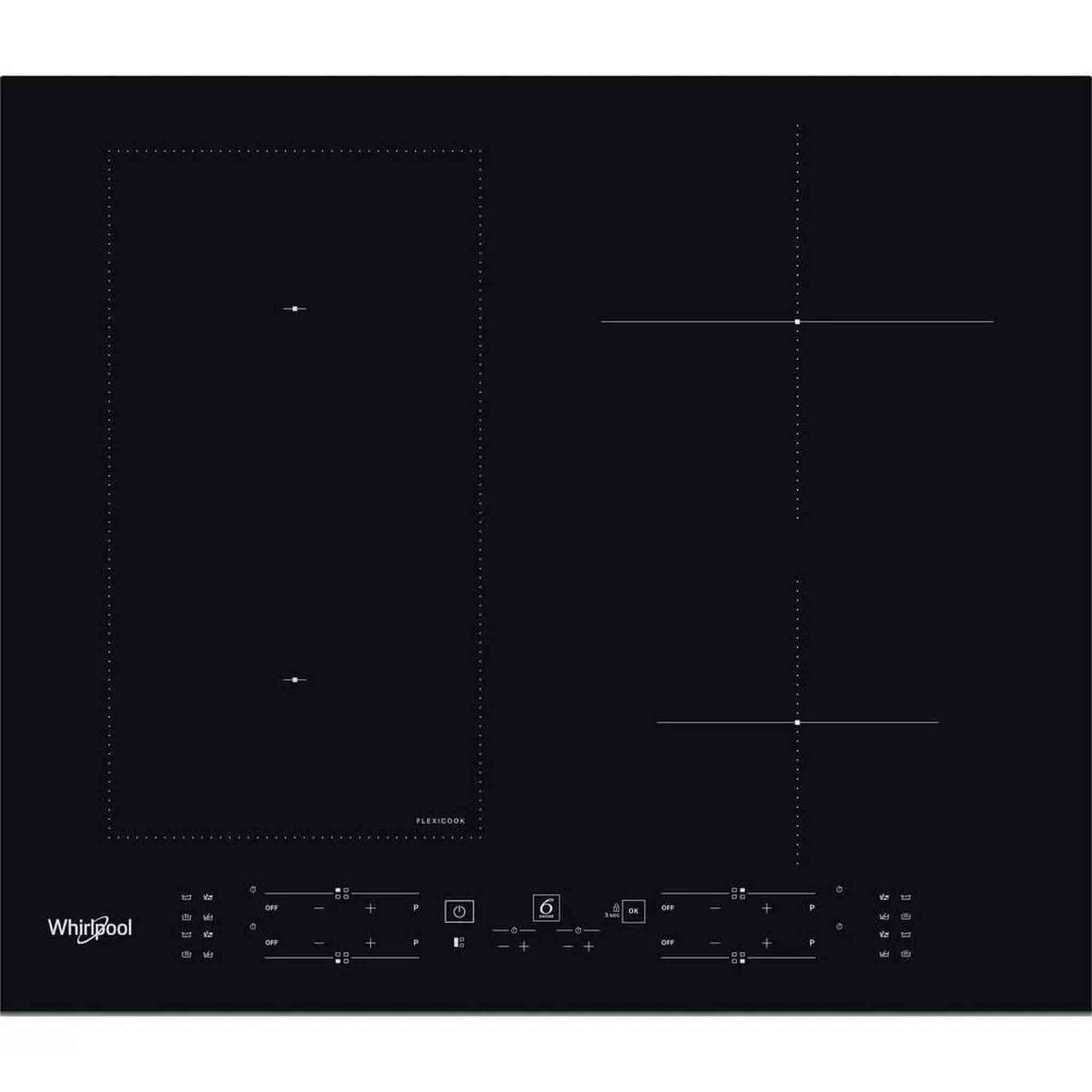 Czarna płyta indukcyjna Whirlpool z dotykowym sterowaniem i funkcją FlexiCook. Posiada cztery strefy gotowania.