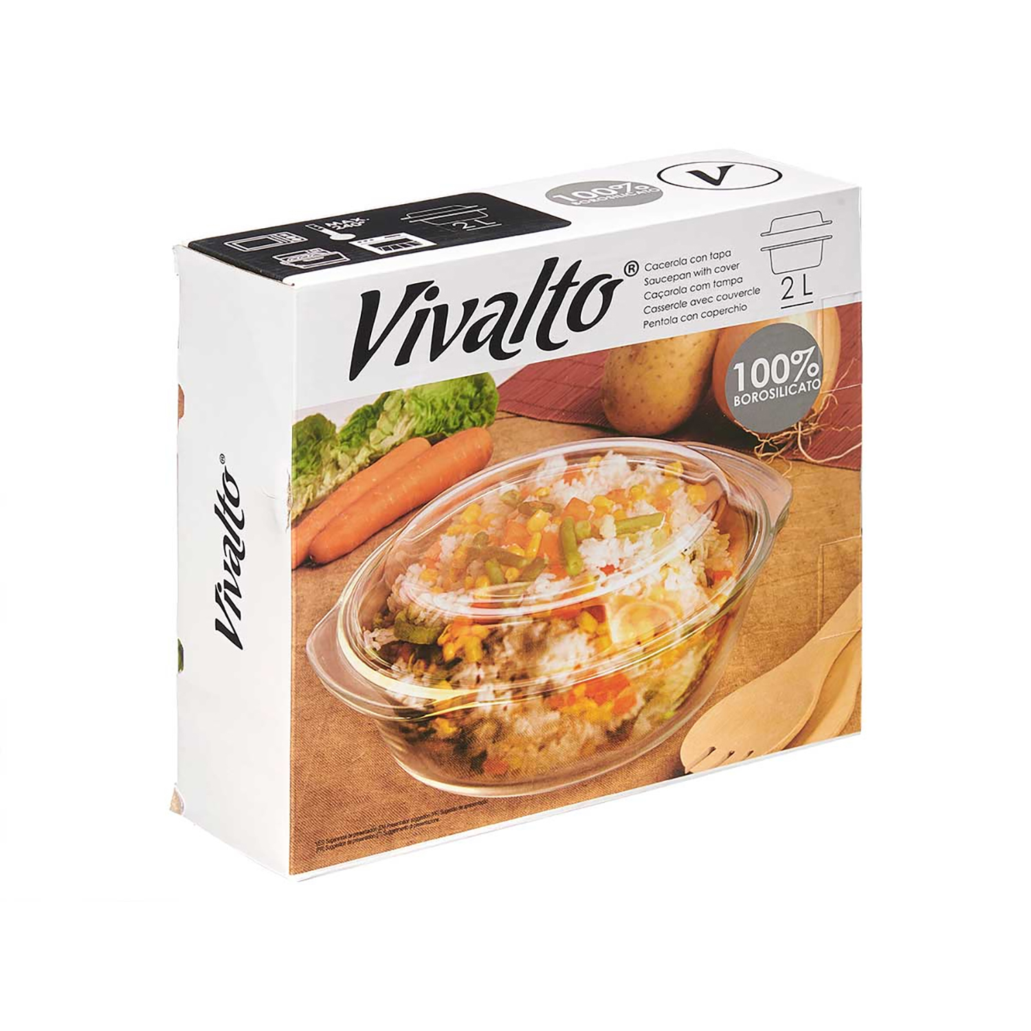 Eine Vivalto-Box zeigt eine Auflaufform mit Gemüse und Reis. Gemüse und eine Kartoffel sind sichtbar. Auf der Box steht 100% Borosilikat.