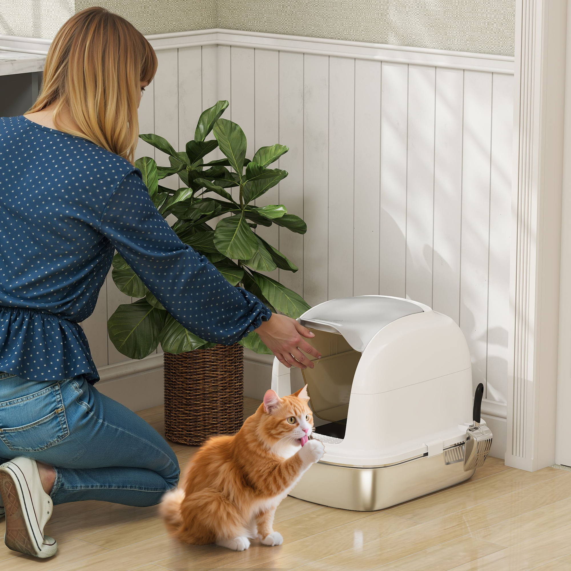 Mujer junto a arenero, gato acicalándose. Planta en el fondo. Suelo y pared de madera.