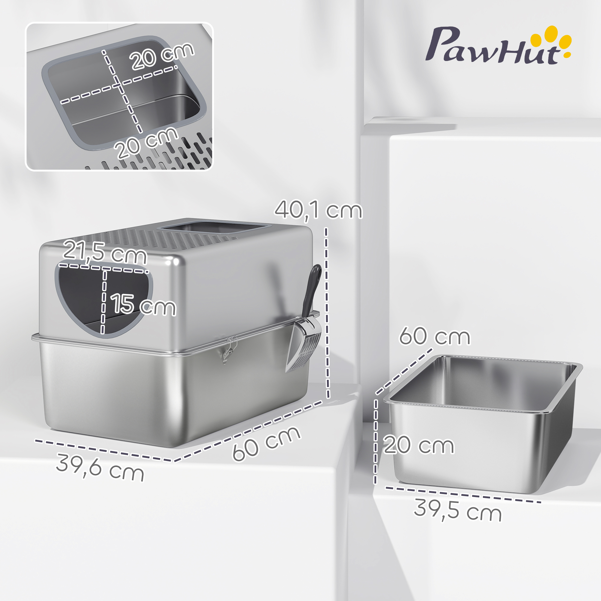 Una caja de arena metálica para gatos con dimensiones. Una pala descansa en el lateral. También hay una segunda caja de arena más pequeña.