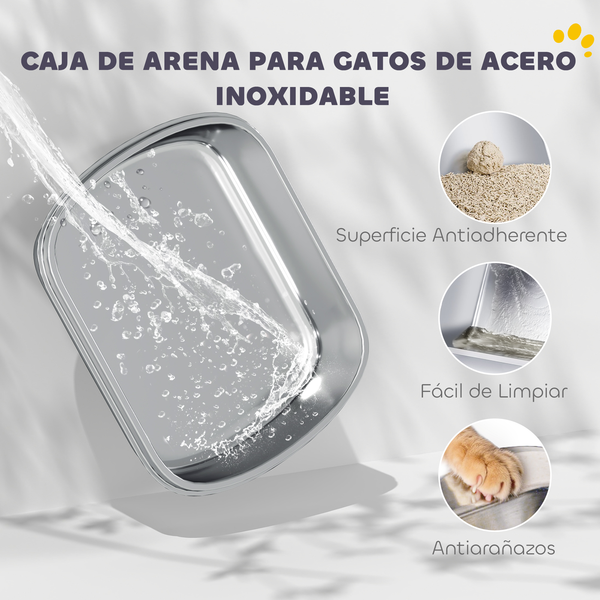 Arenero para gatos de acero inoxidable. El agua fluye hacia él. Características: superficie antiadherente, fácil de limpiar.