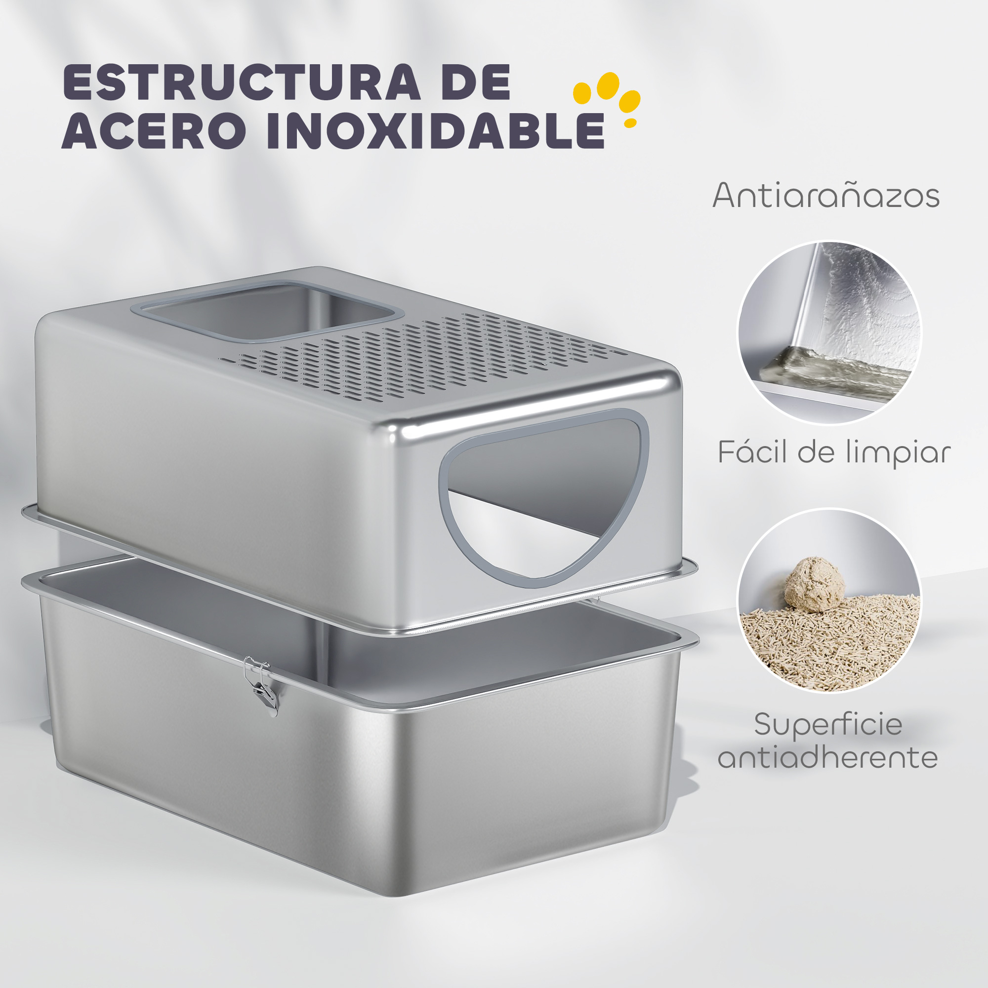 Una caja de arena para gatos de acero inoxidable con tapa extraíble. Tiene características antiarañazos, fáciles de limpiar y antiadherentes.