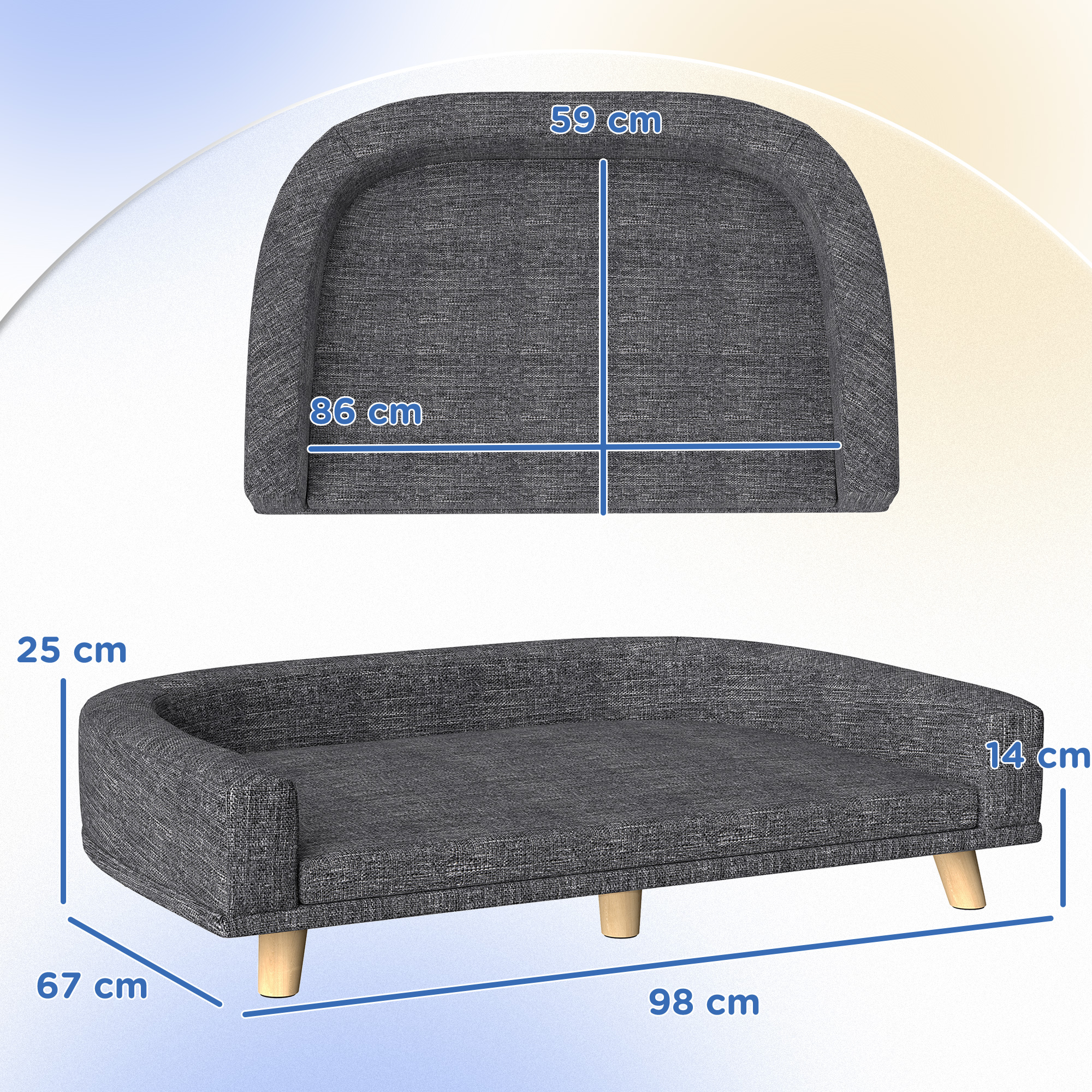 Una cama gris para mascotas con dimensiones etiquetadas. La cama tiene patas de madera.