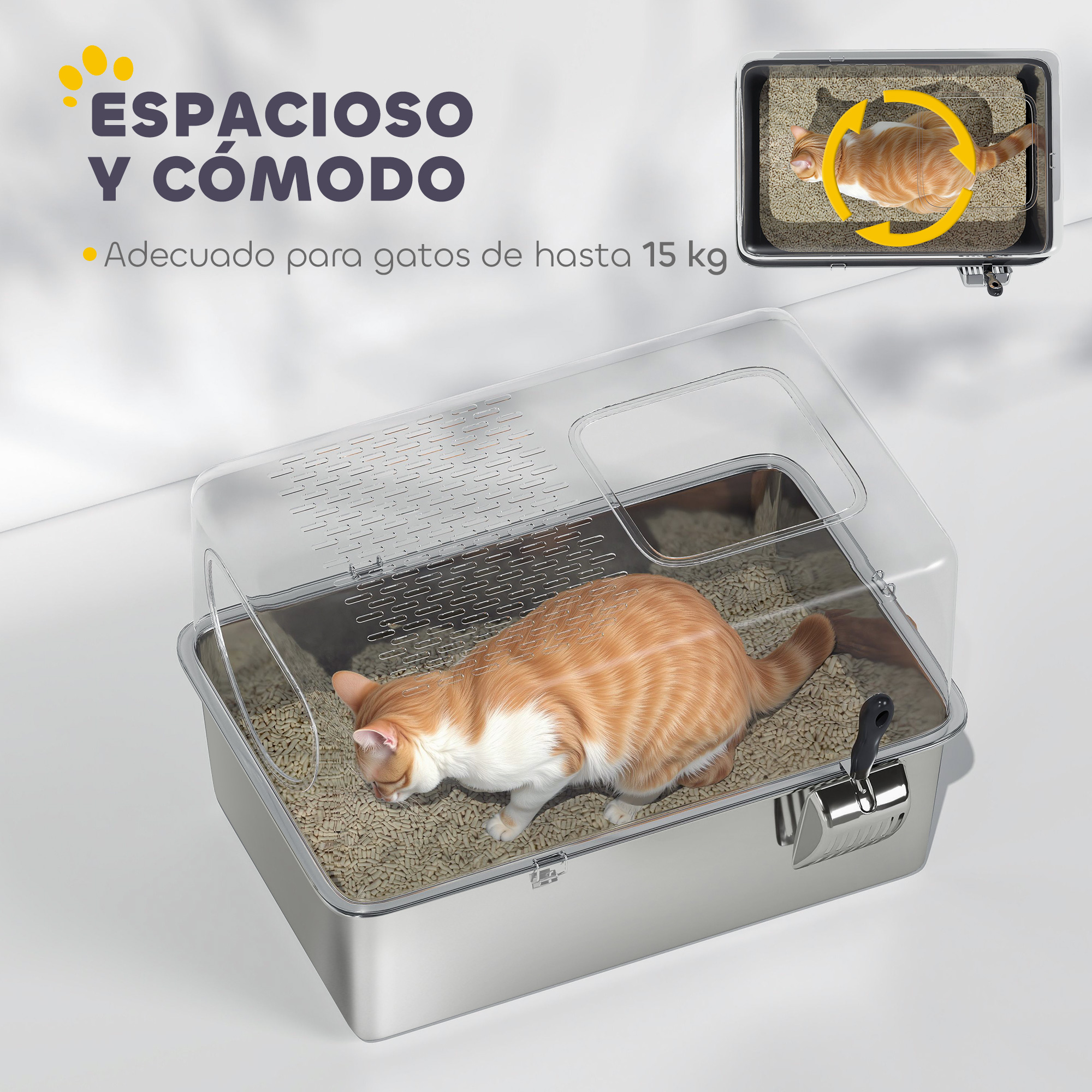 Un gato naranja en una caja de arena. La caja está en un contenedor transparente. El texto dice: espacioso y cómodo, adecuado para gatos de hasta 15 kg.