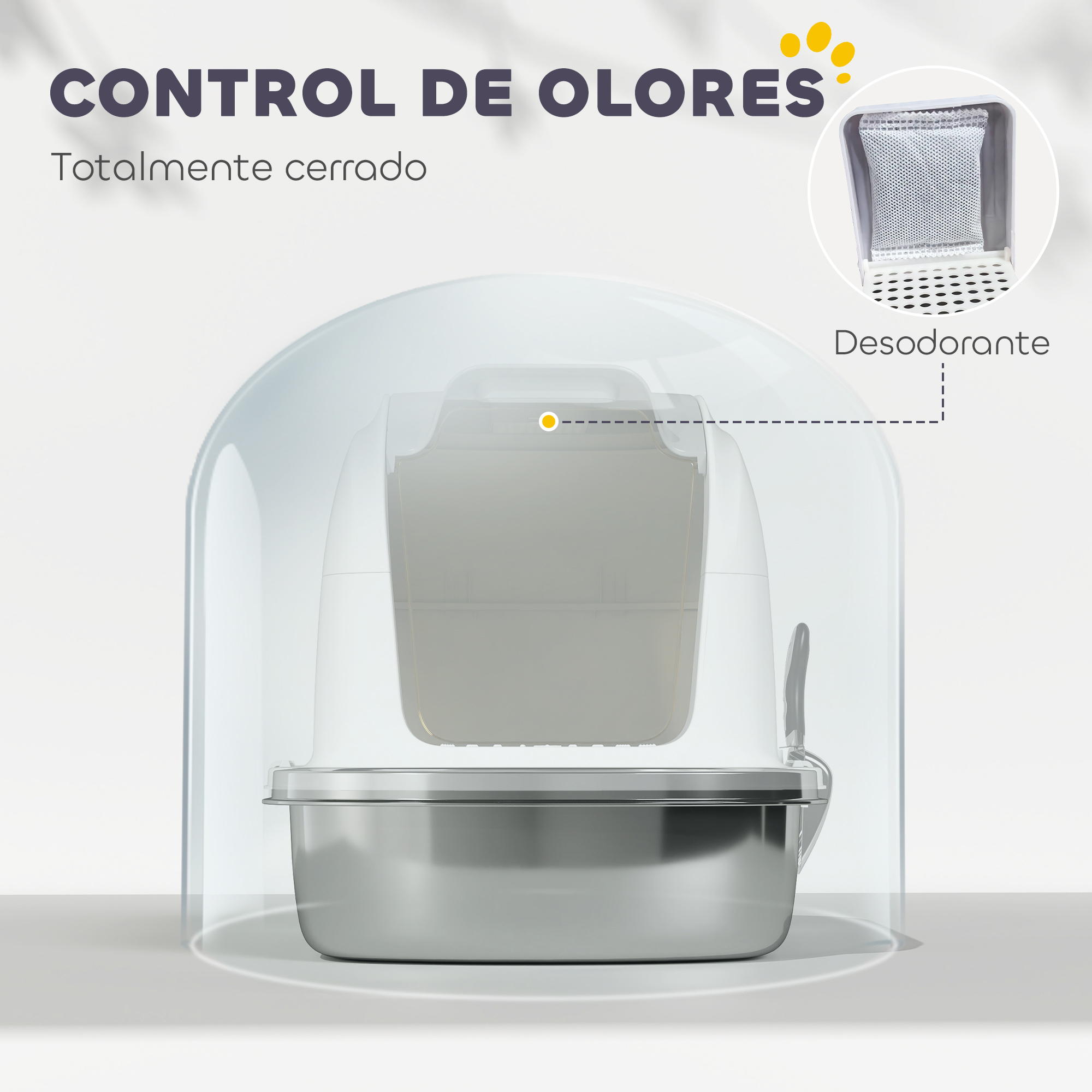 Una ilustración de un sistema de control de olores cerrado con un paquete de desecante, etiquetado como 'Desodorante'.