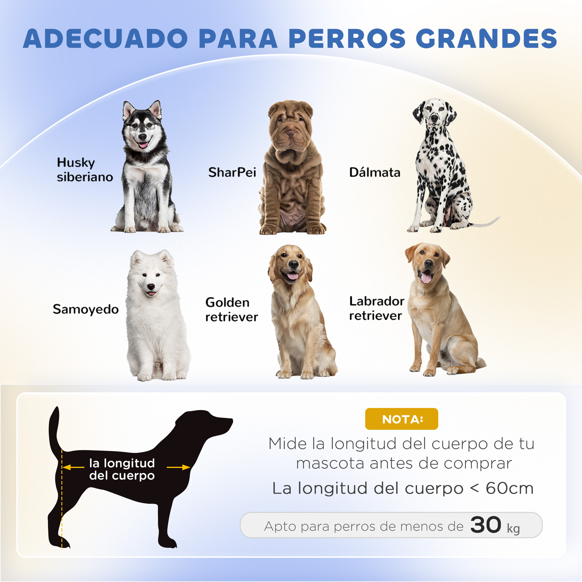 La imagen muestra razas de perros y texto: "Adecuado para perros grandes". Incluye Husky, Shar Pei, Dálmata, Samoyedo, Golden Retriever y Labrador.